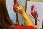 Kobieta maluje ptaka na różowo czerwono